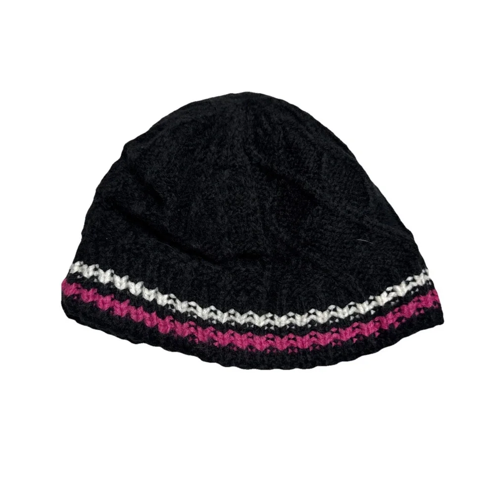 Columbia Youth SM Beanie Black Pink White Striped‎ Fleece Lined Knit Hat CY0077
